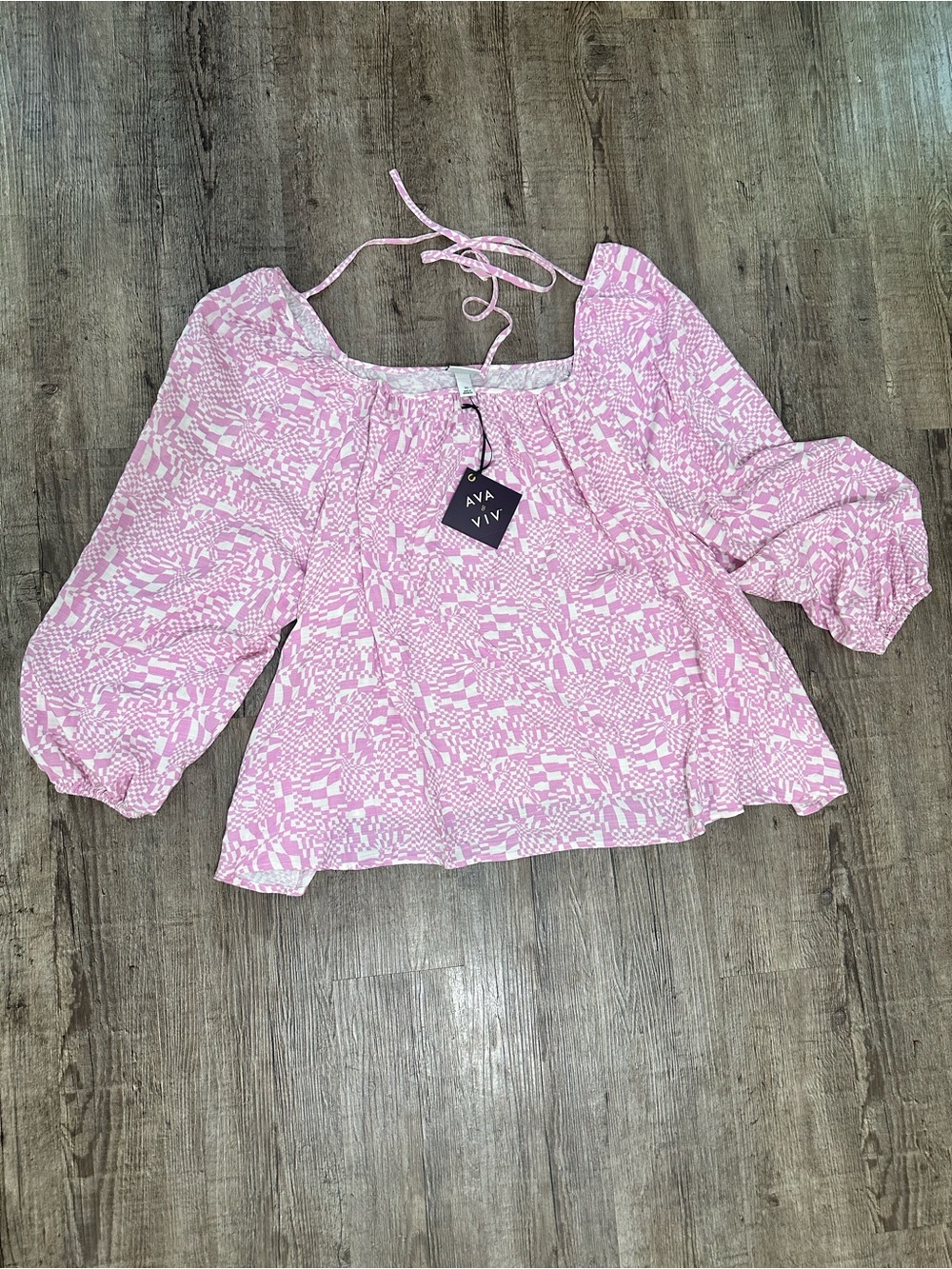 Ava & Viv Pink White Abstract Checkerboard Long Sleeve Blouse Top NWT Size 3X